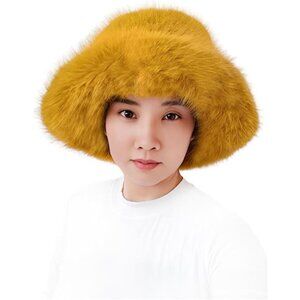 Oversized Winter Faux Fur Bucket Hat for Women Mustard